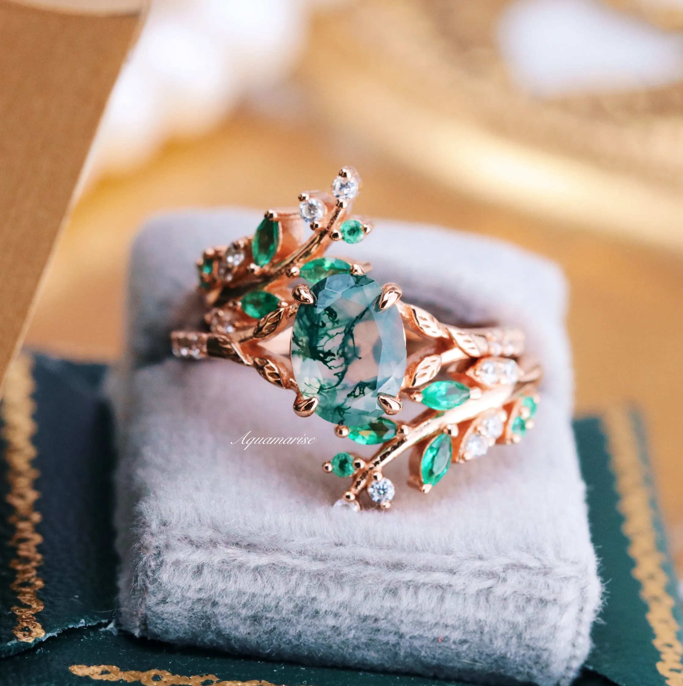 Green Moss Agate & Emerald Leaf Engagement Ring Set- 14K/ 18K Solid Rose Gold