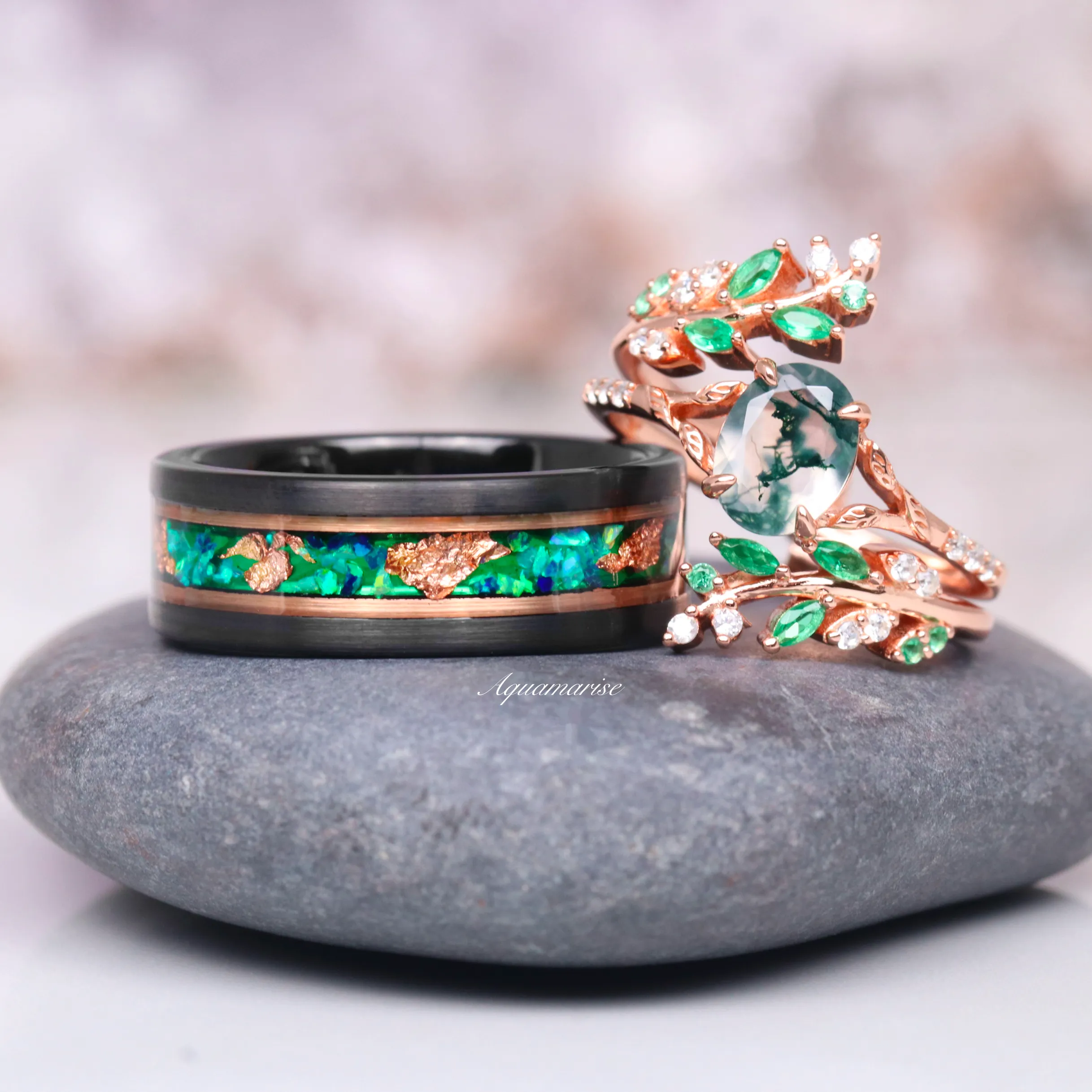 Green Moss Agate & Emerald Leaf Engagement Ring Set- 14K/ 18K Solid Rose Gold