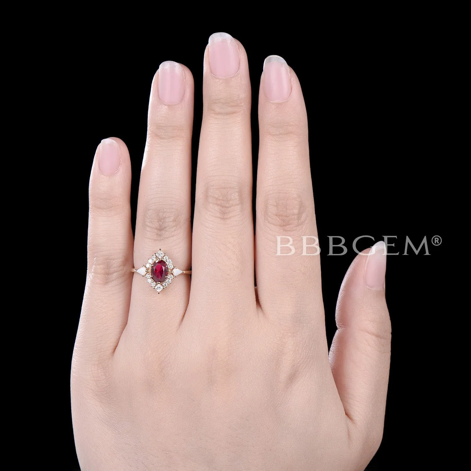 Halo Oval Ruby Engagement Ring Cluster Moissanite Diamond Ring