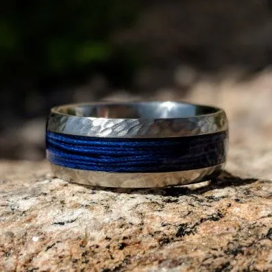 Hammered Titanium Band, Fishing Ring - 8mm Blue Wedding Ring