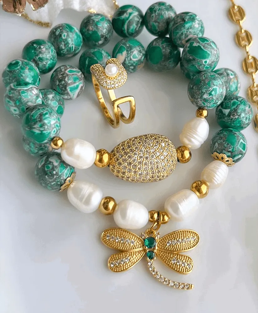 Heart and Dragonfly green bracelet