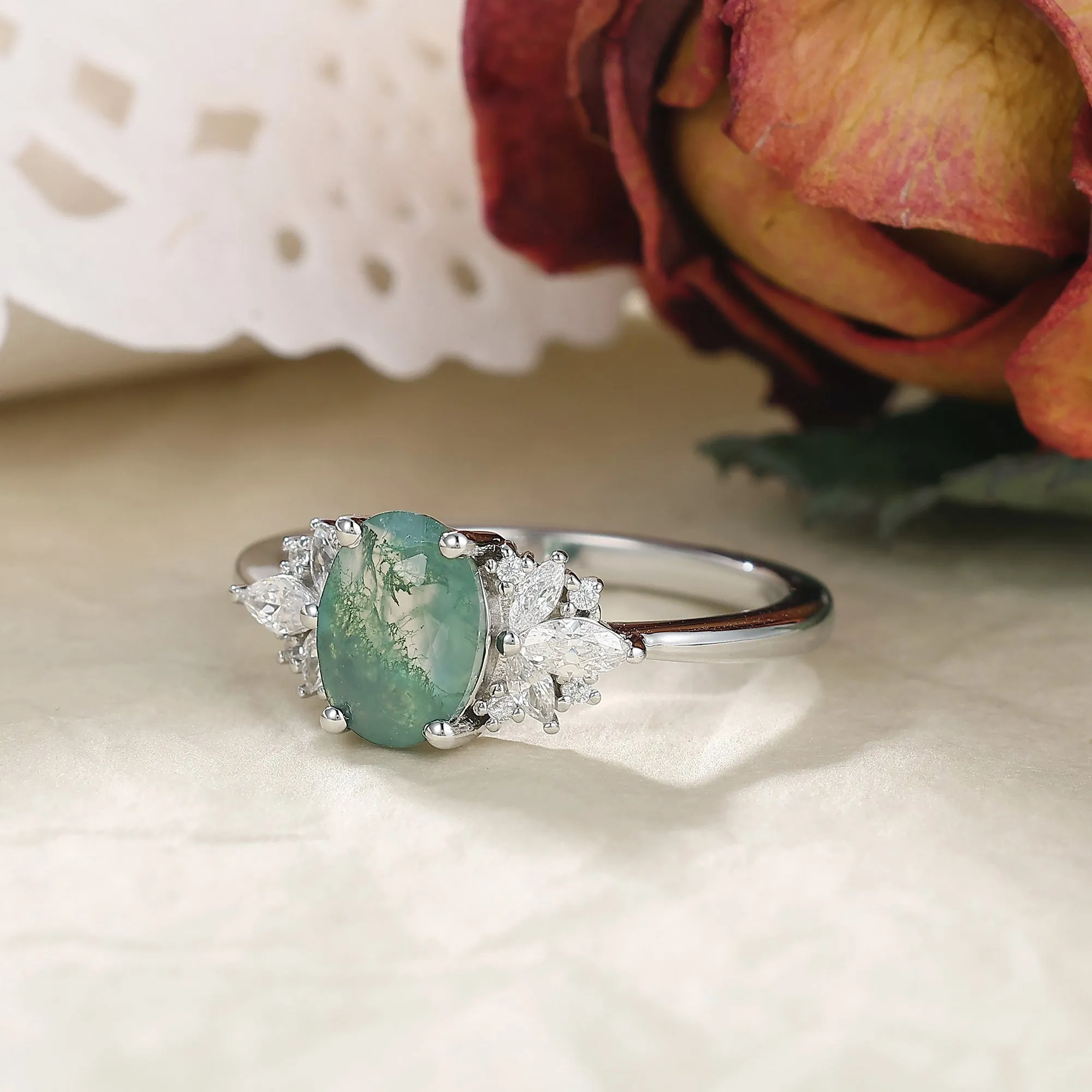 IRROYA Naturally Moss Agate Wome's Ring 1.5CT Oval Cut Wedding Ring 925 Sterling Silver Marquise Cut Cluster Half Eternity Engagement Rings Platinum Plated Promise Ring Gifts for Her,Mom