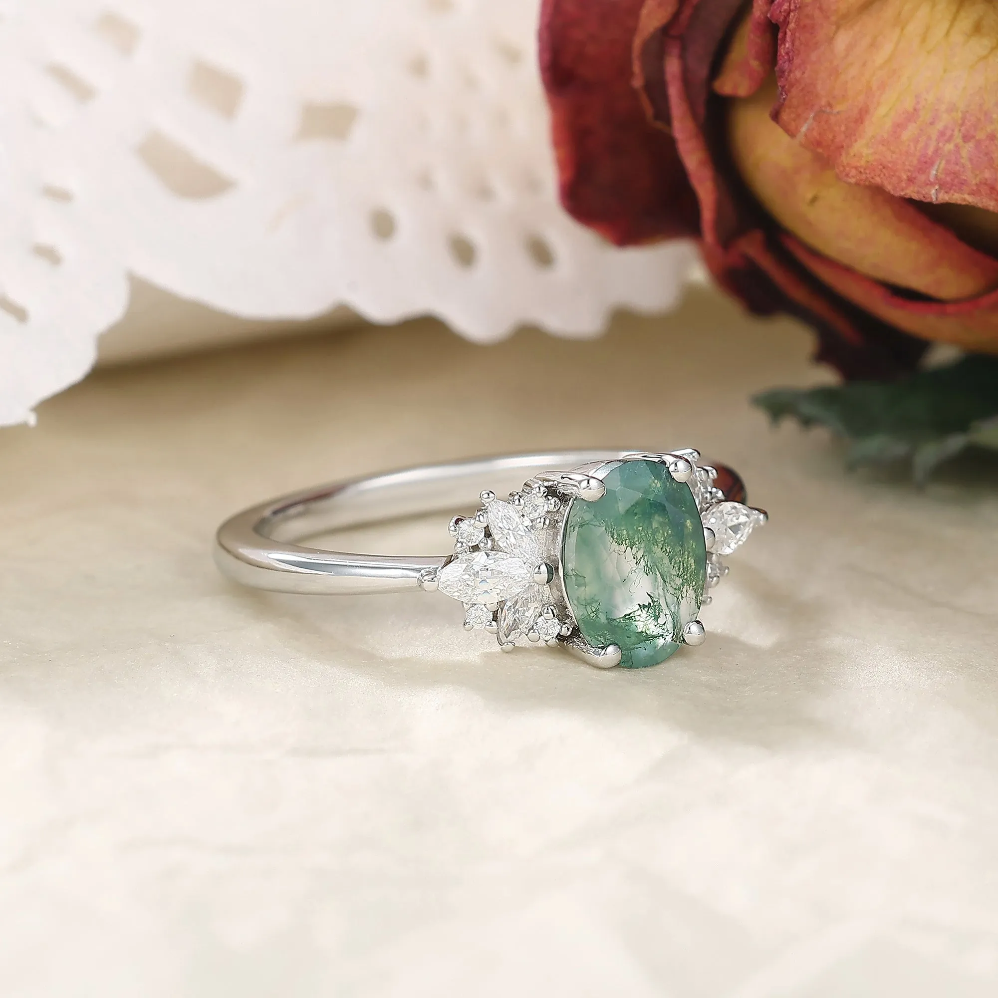 IRROYA Naturally Moss Agate Wome's Ring 1.5CT Oval Cut Wedding Ring 925 Sterling Silver Marquise Cut Cluster Half Eternity Engagement Rings Platinum Plated Promise Ring Gifts for Her,Mom