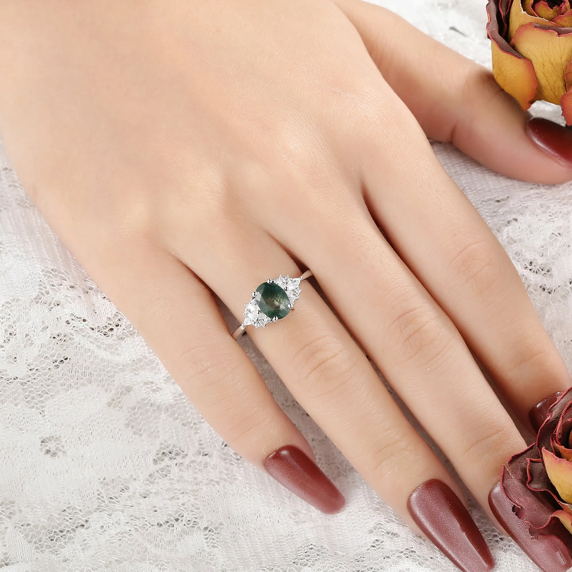 IRROYA Naturally Moss Agate Wome's Ring 1.5CT Oval Cut Wedding Ring 925 Sterling Silver Marquise Cut Cluster Half Eternity Engagement Rings Platinum Plated Promise Ring Gifts for Her,Mom