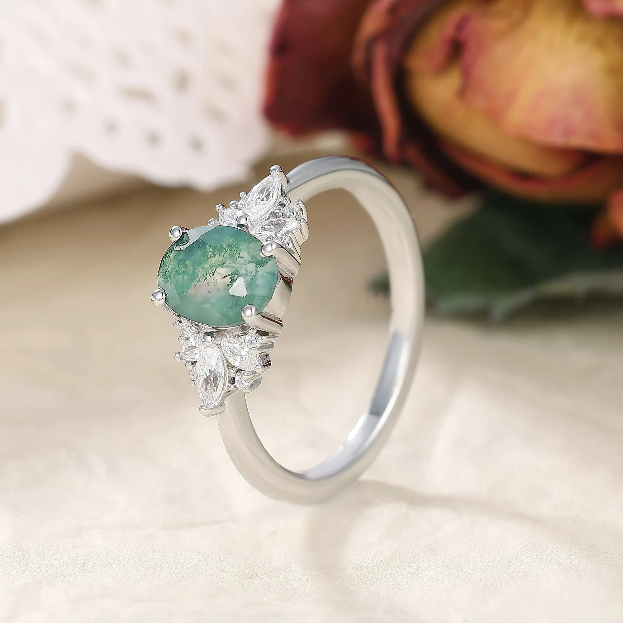 IRROYA Naturally Moss Agate Wome's Ring 1.5CT Oval Cut Wedding Ring 925 Sterling Silver Marquise Cut Cluster Half Eternity Engagement Rings Platinum Plated Promise Ring Gifts for Her,Mom