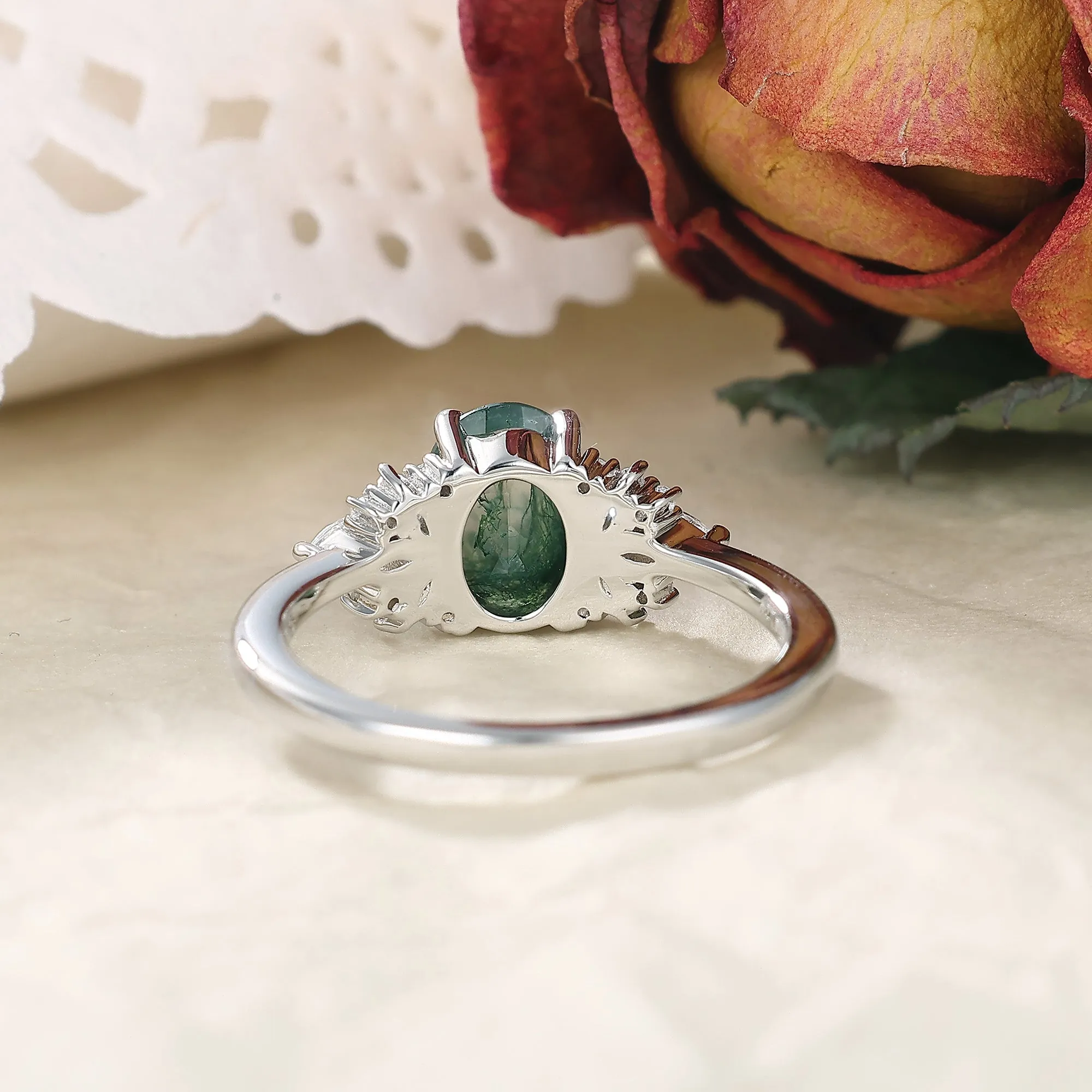 IRROYA Naturally Moss Agate Wome's Ring 1.5CT Oval Cut Wedding Ring 925 Sterling Silver Marquise Cut Cluster Half Eternity Engagement Rings Platinum Plated Promise Ring Gifts for Her,Mom