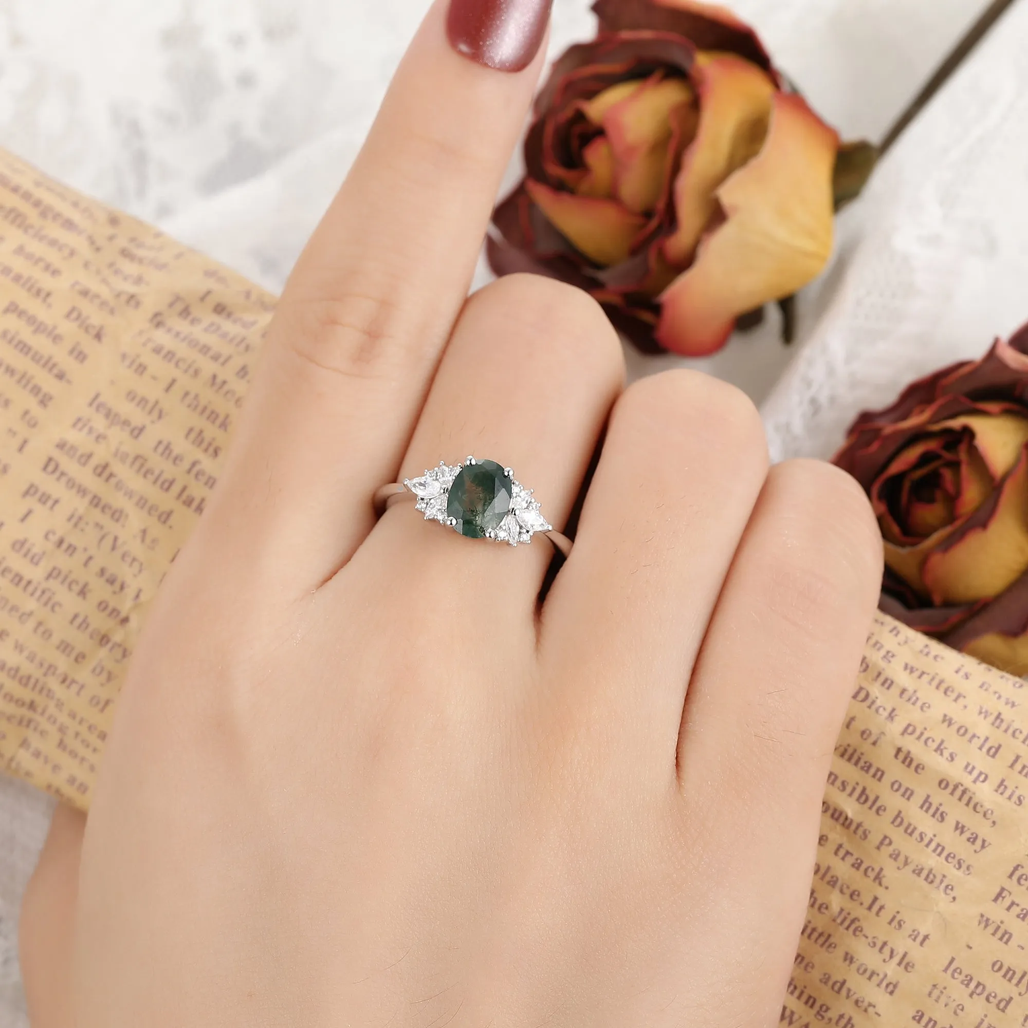 IRROYA Naturally Moss Agate Wome's Ring 1.5CT Oval Cut Wedding Ring 925 Sterling Silver Marquise Cut Cluster Half Eternity Engagement Rings Platinum Plated Promise Ring Gifts for Her,Mom