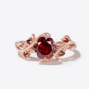 Leaf Garnet Ring Rose Cut Natural Red Garnet Engagement Ring