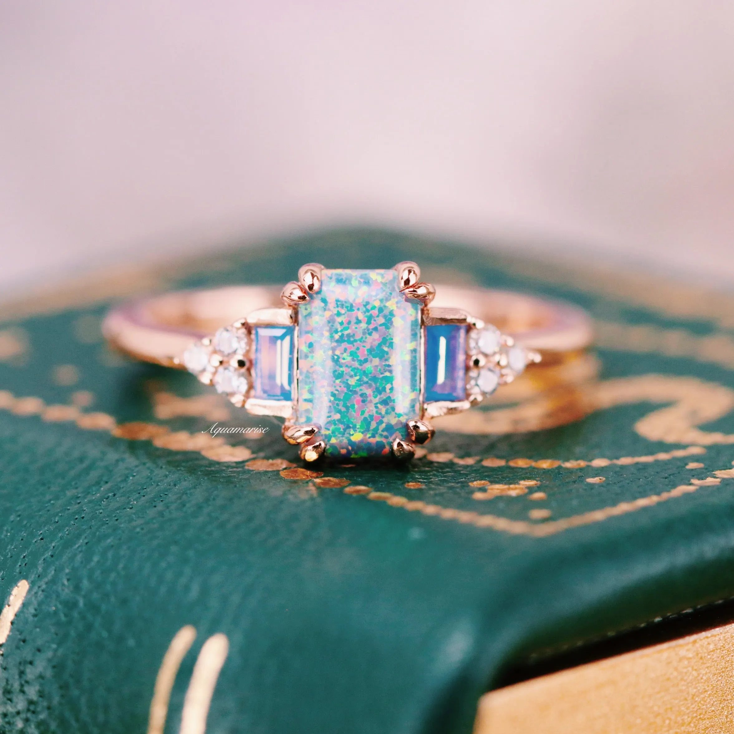 Light Blue Fire Opal & Opalescent Sapphire Ring- 14k Rose Gold Vermeil