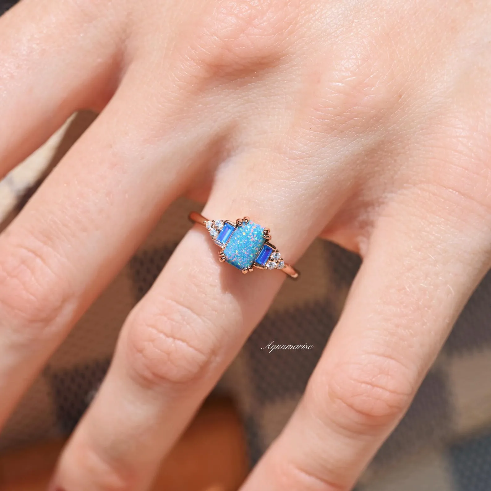 Light Blue Fire Opal & Opalescent Sapphire Ring- 14k Rose Gold Vermeil