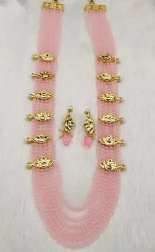 Lotus kundan brouch necklace with earrings (pink)