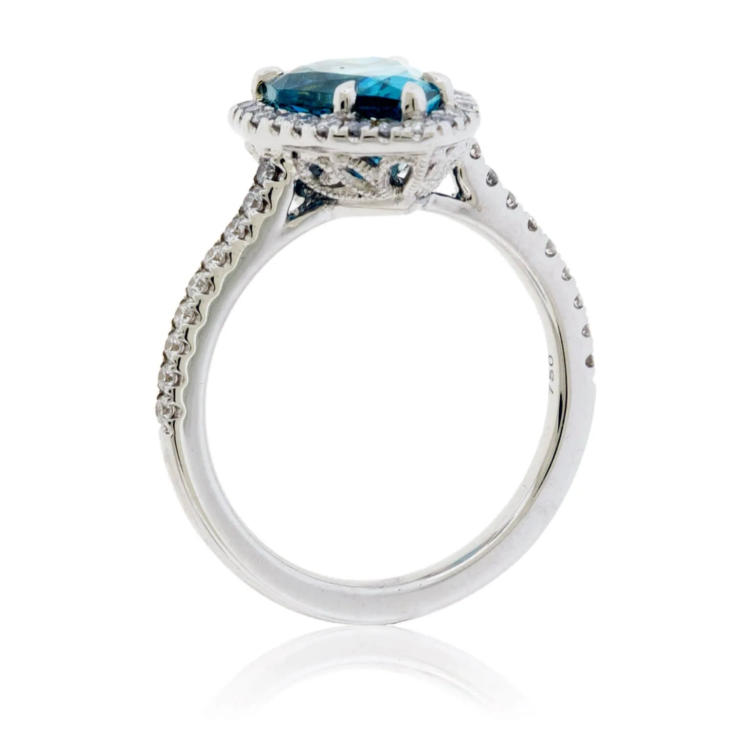 Pear-Shaped Blue Zircon & Diamond Halo Ring