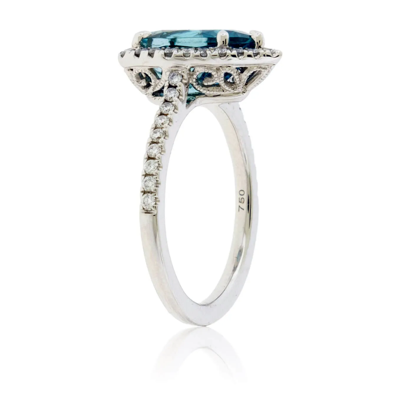 Pear-Shaped Blue Zircon & Diamond Halo Ring