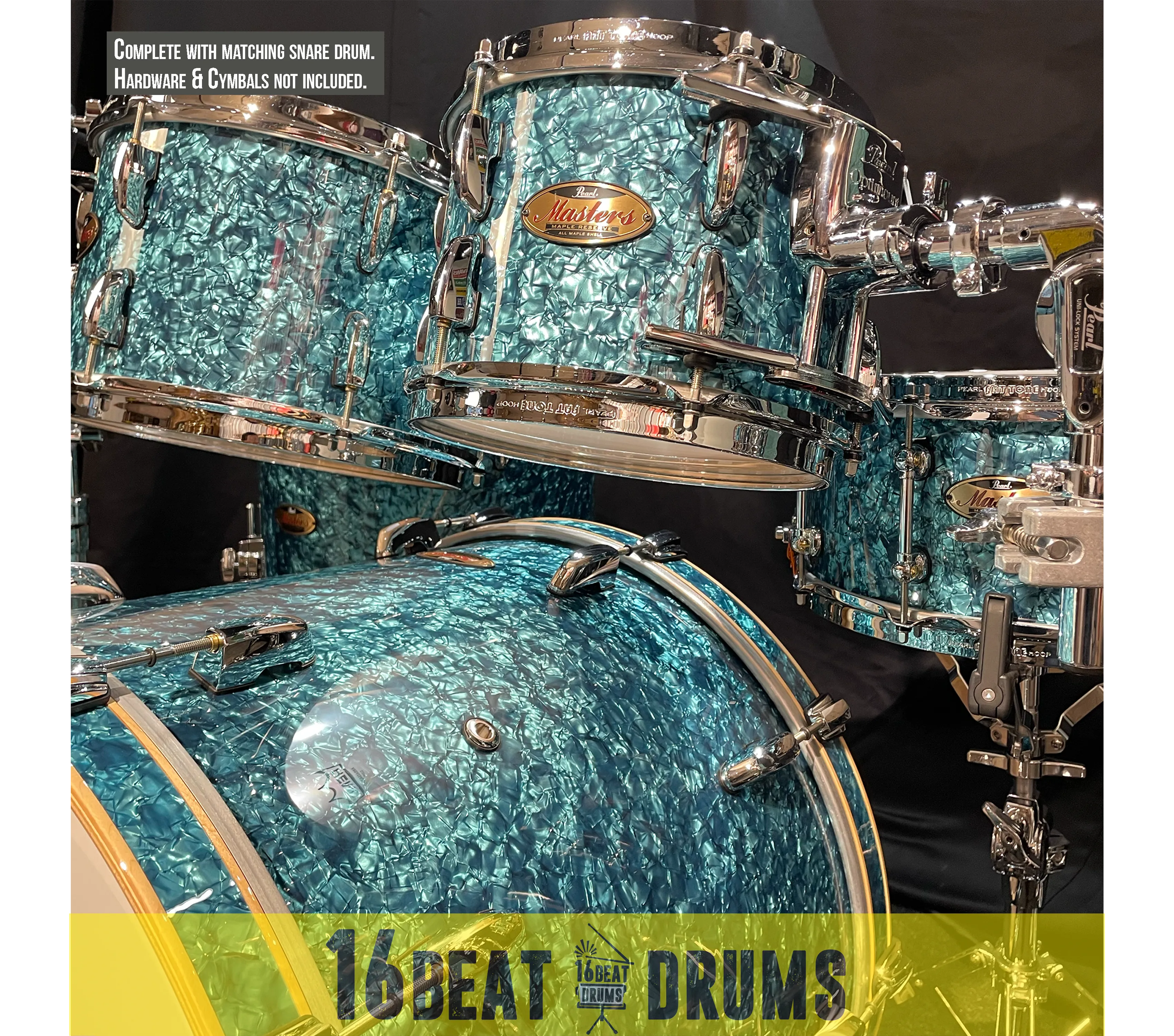 Pearl Masters Maple Reserve series in Turquoise Pearl, complete 5 piece shell set including matching snare drum