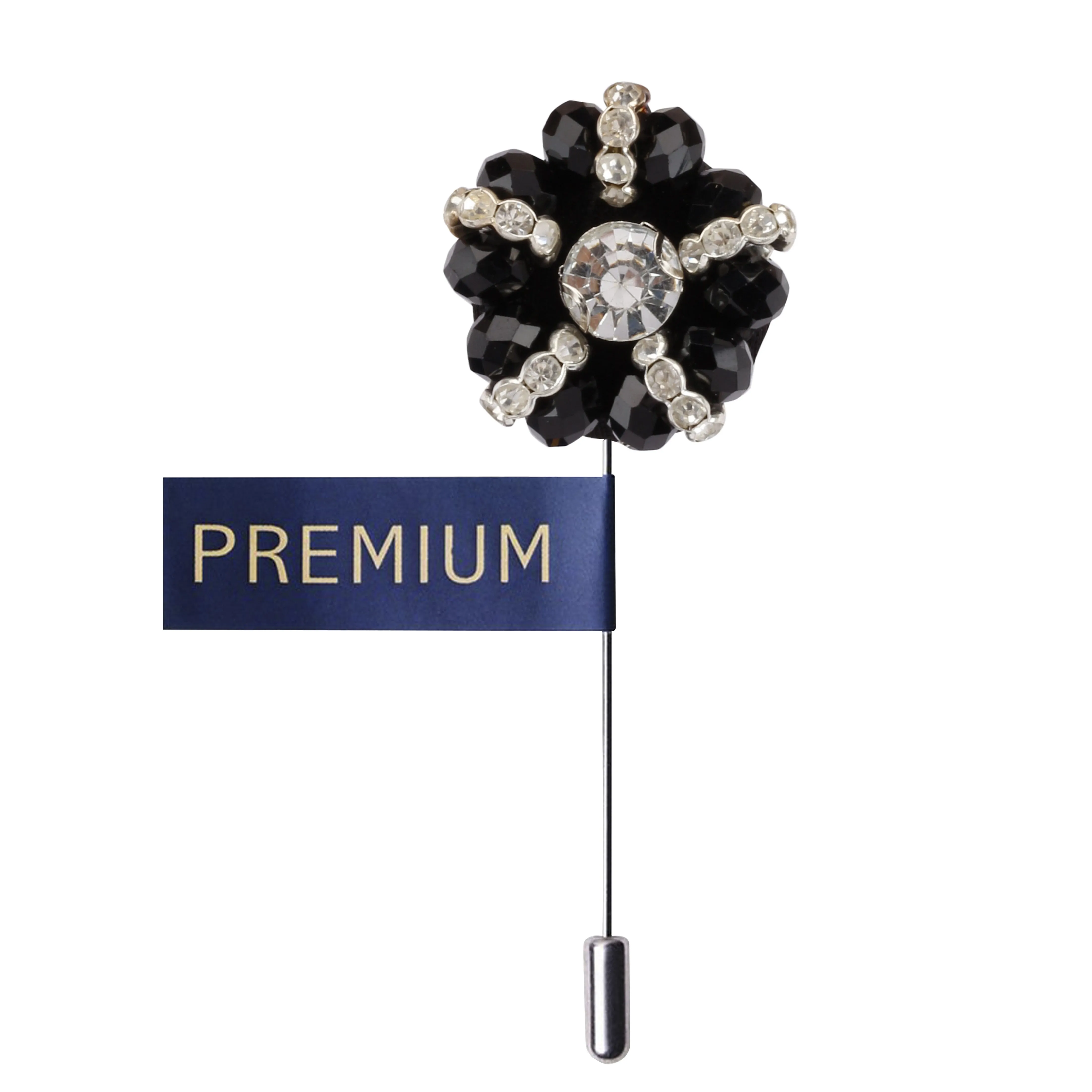 Peluche Jeweled Flower Black & Silver Colored Brooch / Lapel Pin for Men