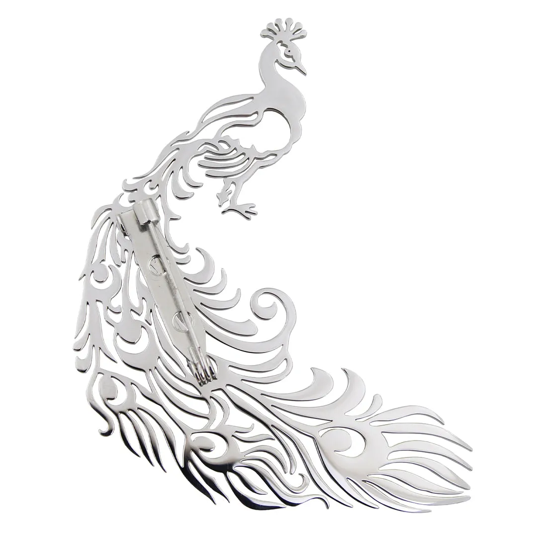 Peluche Peacock Elegance Silver Stainless Steel Lapel Pin for Men