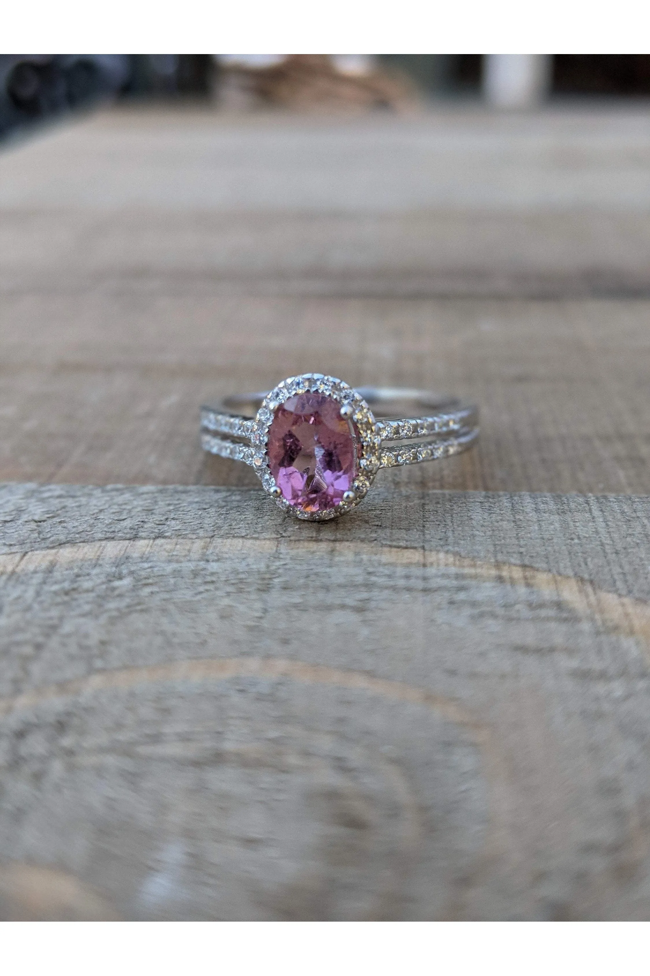 Pink Tourmaline Dainty Ring, CZ Side Stones