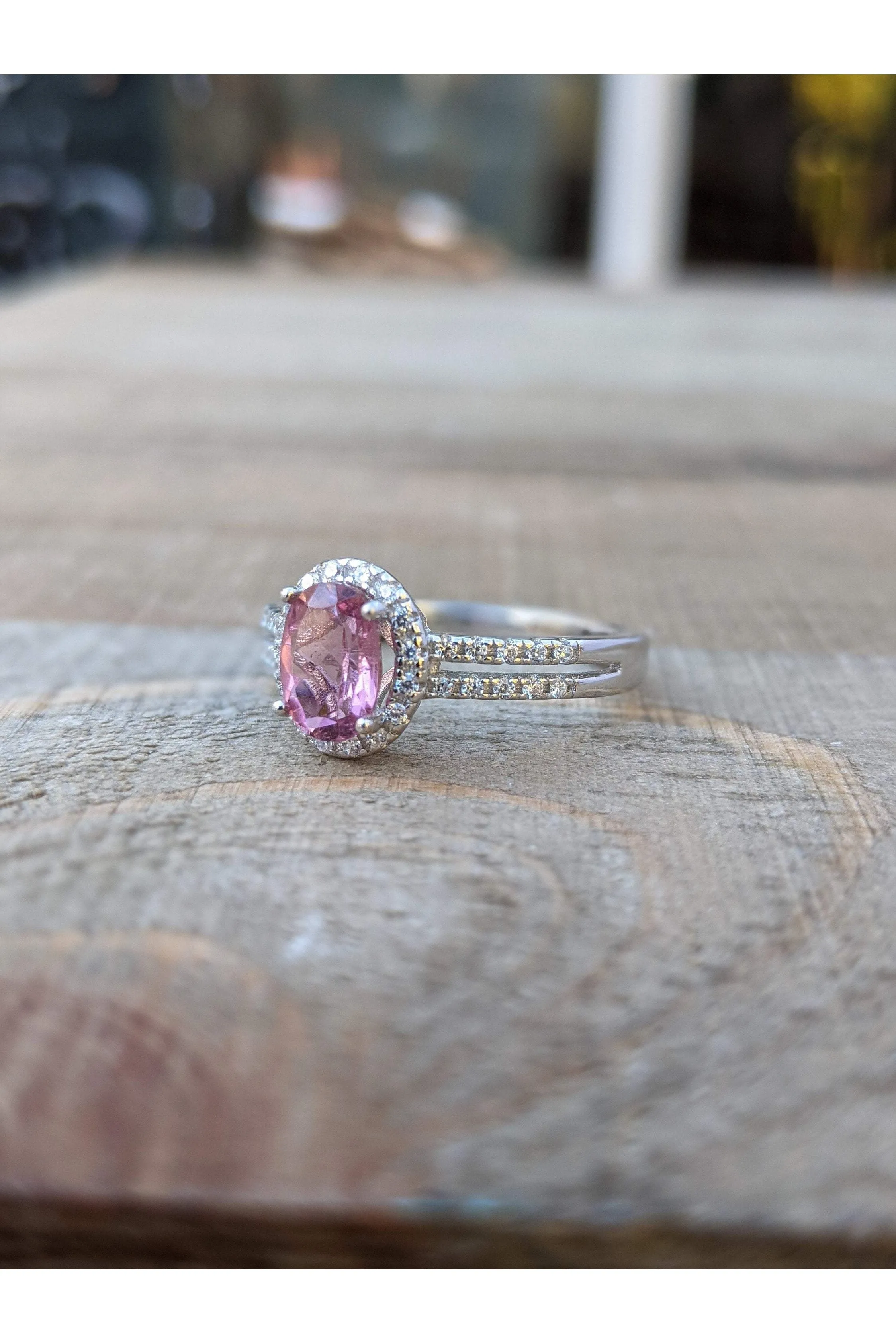 Pink Tourmaline Dainty Ring, CZ Side Stones