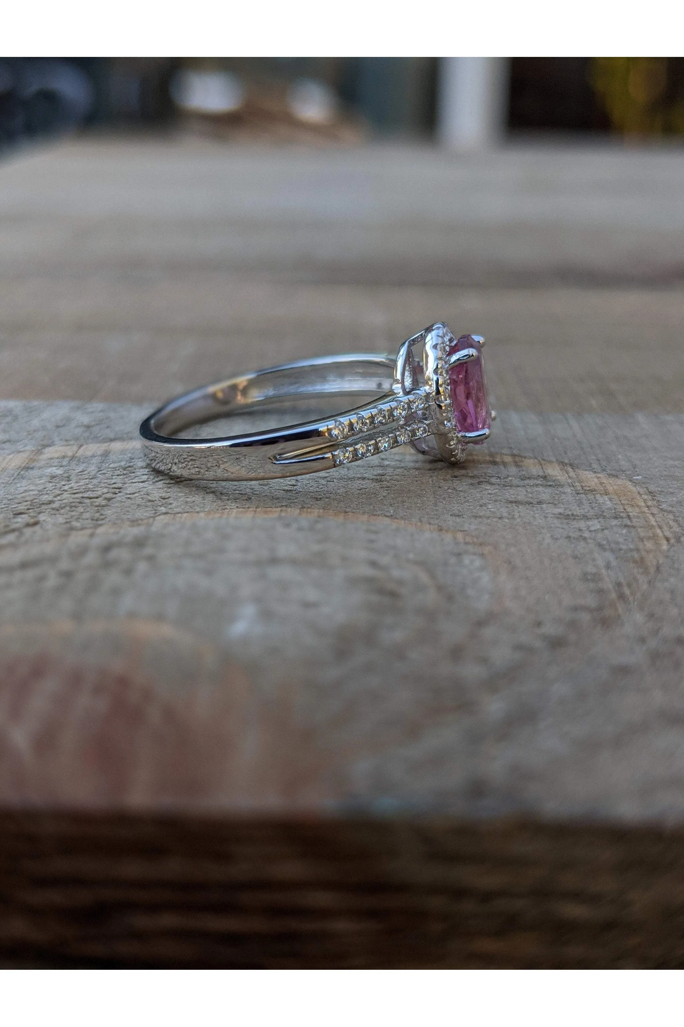 Pink Tourmaline Dainty Ring, CZ Side Stones