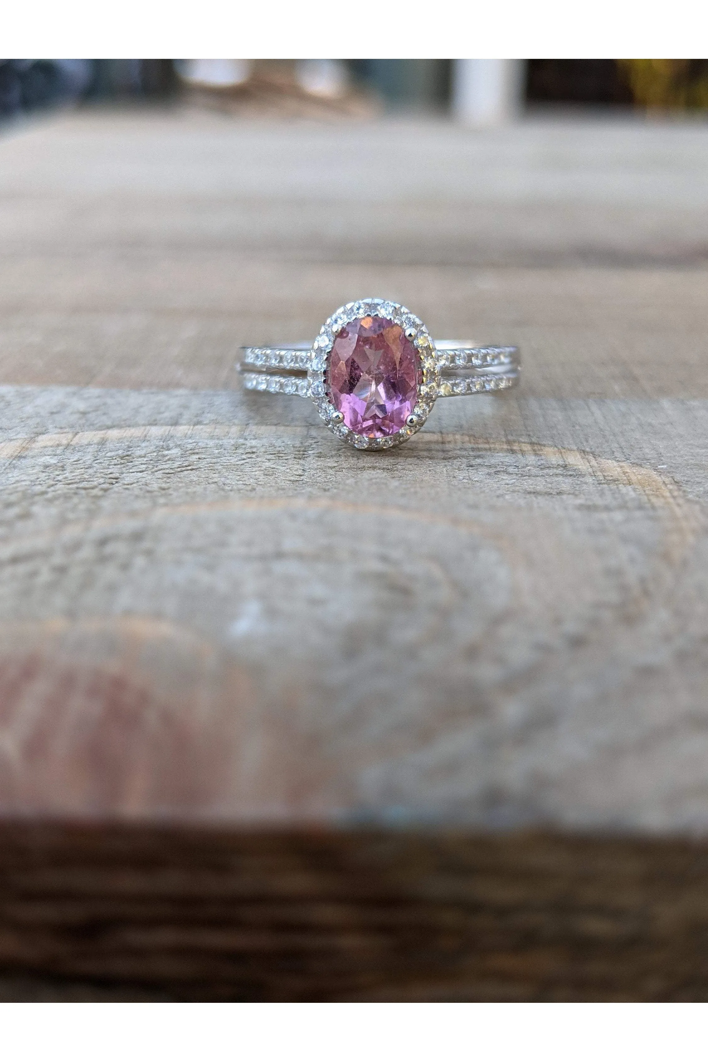 Pink Tourmaline Dainty Ring, CZ Side Stones