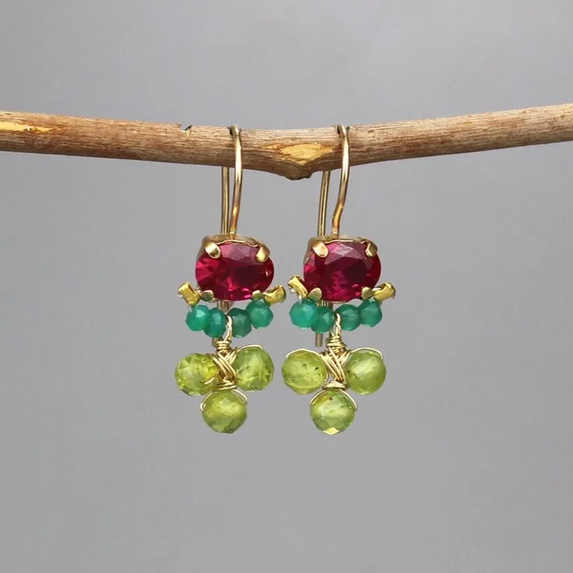 Pink Zircon Corundum Green Onyx Peridot Clover Earrings