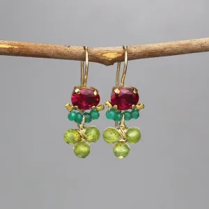 Pink Zircon Corundum Green Onyx Peridot Clover Earrings