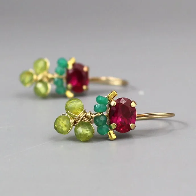 Pink Zircon Corundum Green Onyx Peridot Clover Earrings