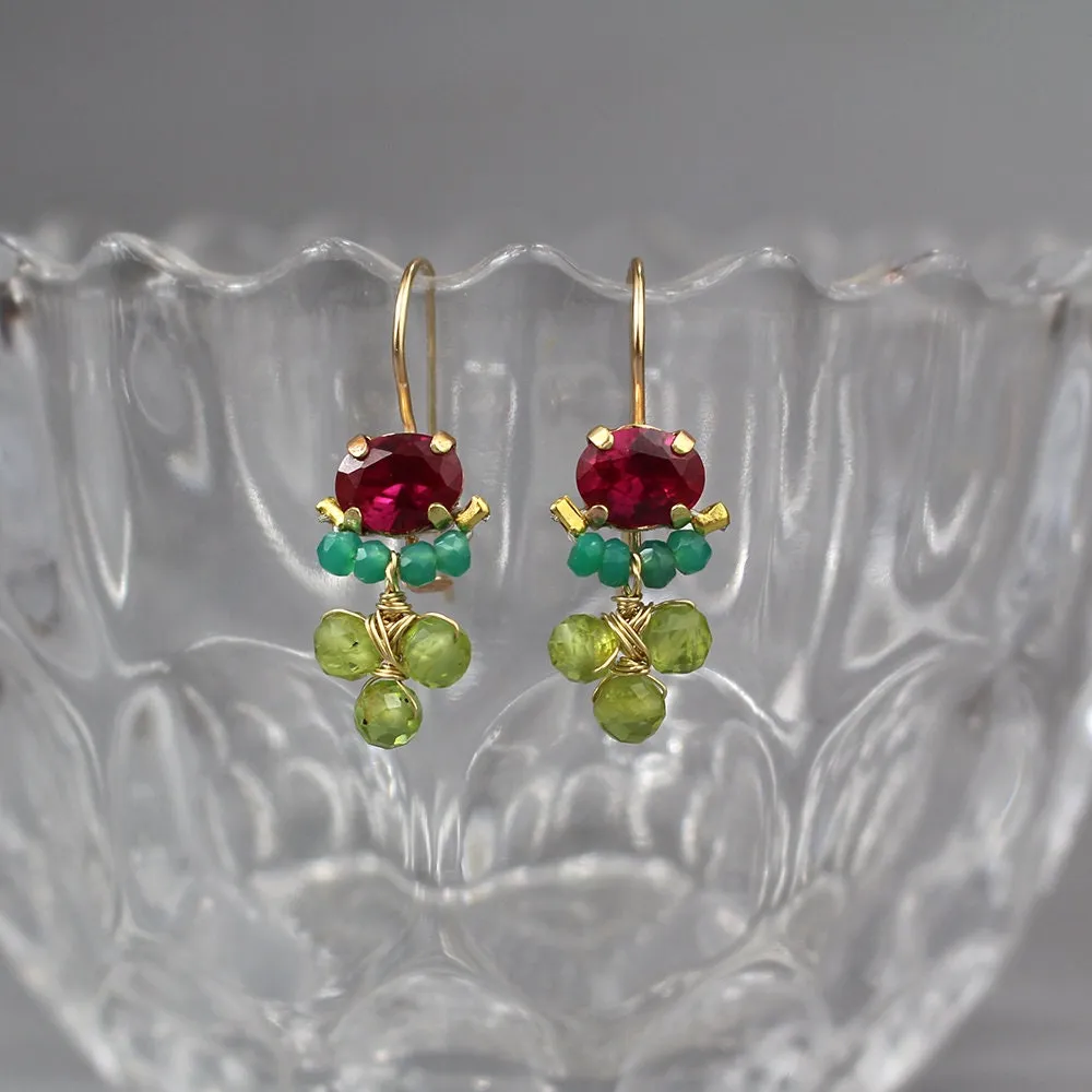 Pink Zircon Corundum Green Onyx Peridot Clover Earrings