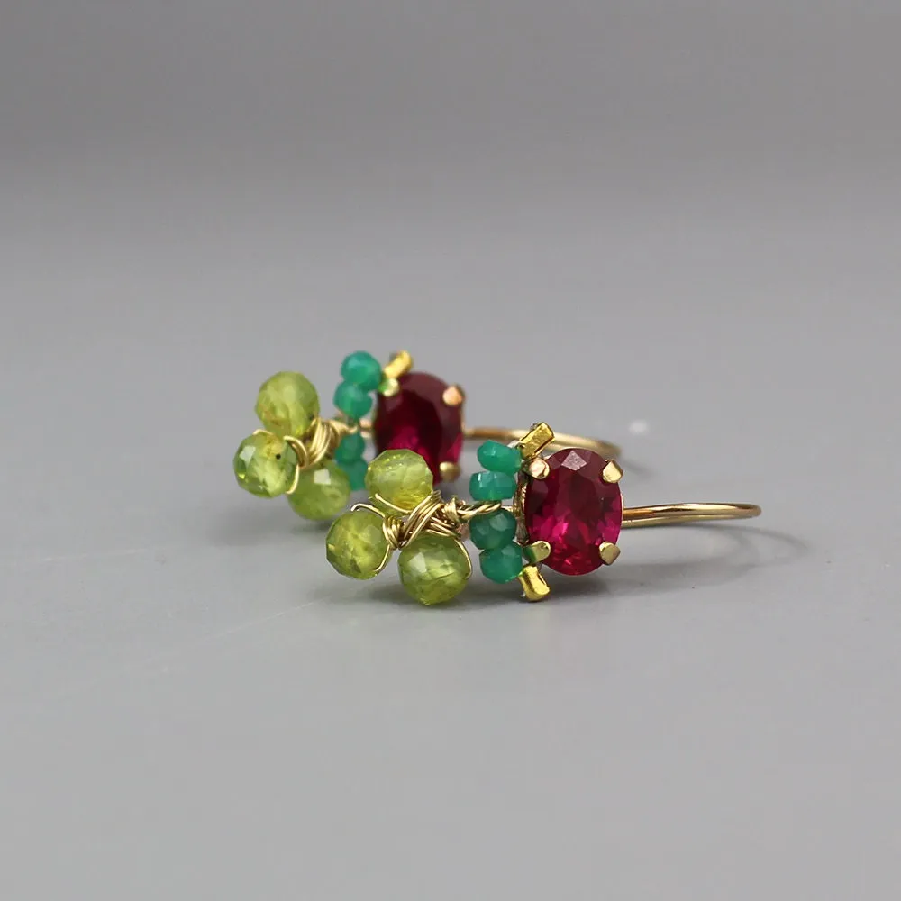 Pink Zircon Corundum Green Onyx Peridot Clover Earrings