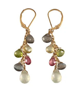 Prehnite Lemon Quartz Peridot Yellow Gold Waterfall Gemstone Earrings