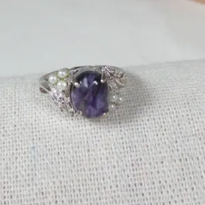 Purple Gemstone Charoite and Pearl Woman's Ring Size 7