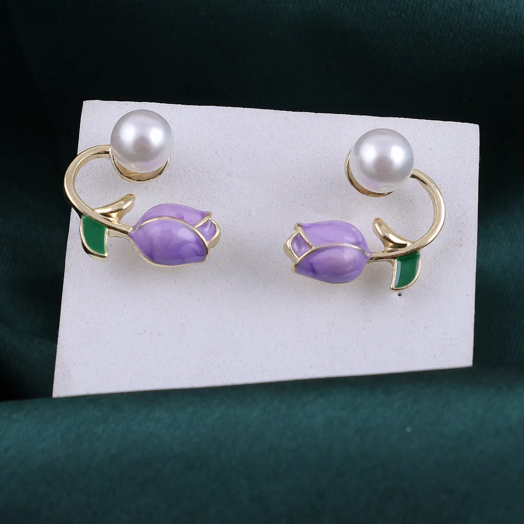 Purple Tulip Flower Pearl Earrings