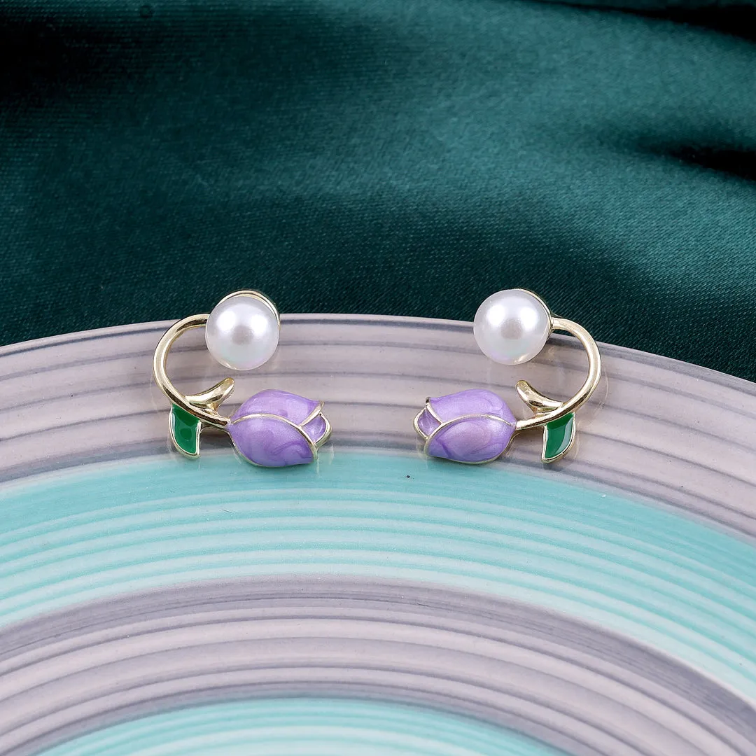 Purple Tulip Flower Pearl Earrings