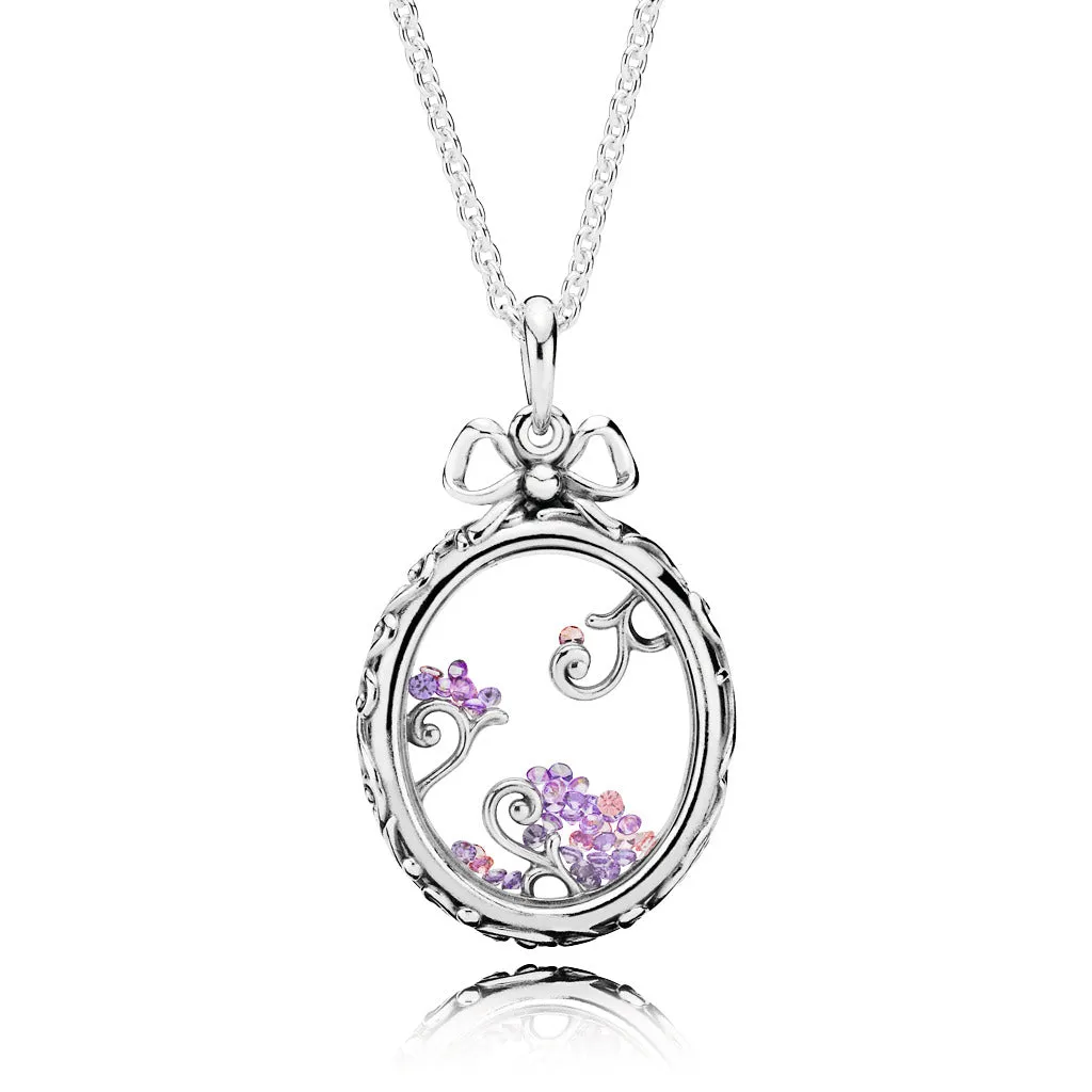 Regal pattern locket silver pendant with  fancy pink, fancy purple and purple cubic zirconia