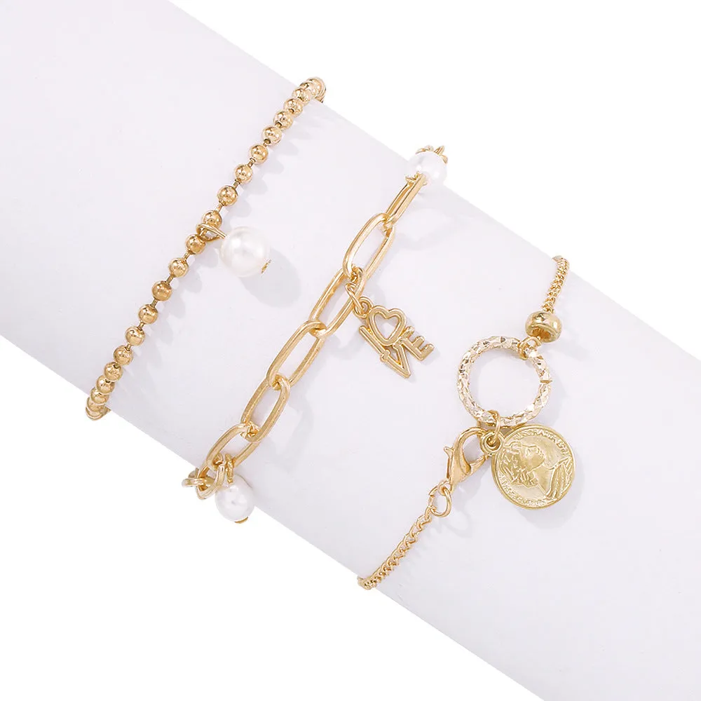 Retro Alloy Pearl Bracelet Personality Ins Simple Style New Bracelet Set