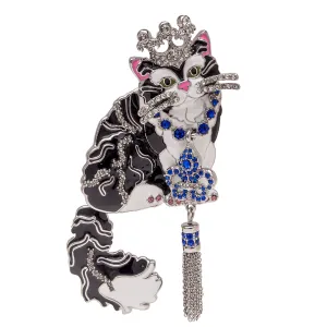 Ritzy Couture Princess Kitty Black Tuxedo Cat Pin/Pendant (Silvertone)