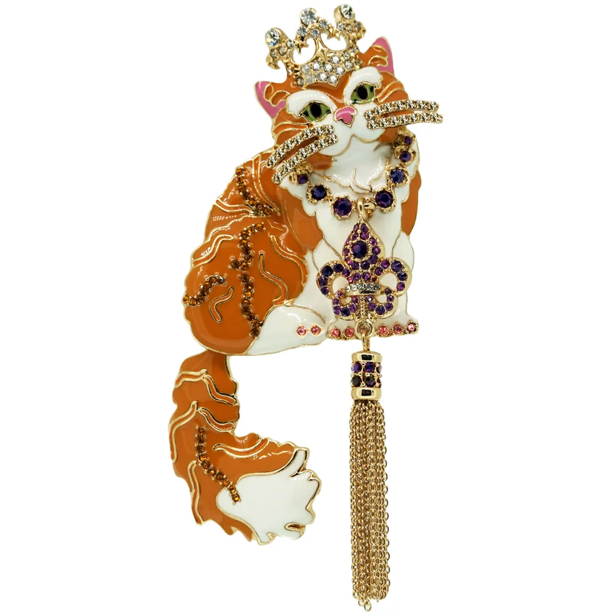 Ritzy Couture Princess Kitty Ginger Tabby Pin/Pendant (Goldtone) - Orange/White/Amethyst