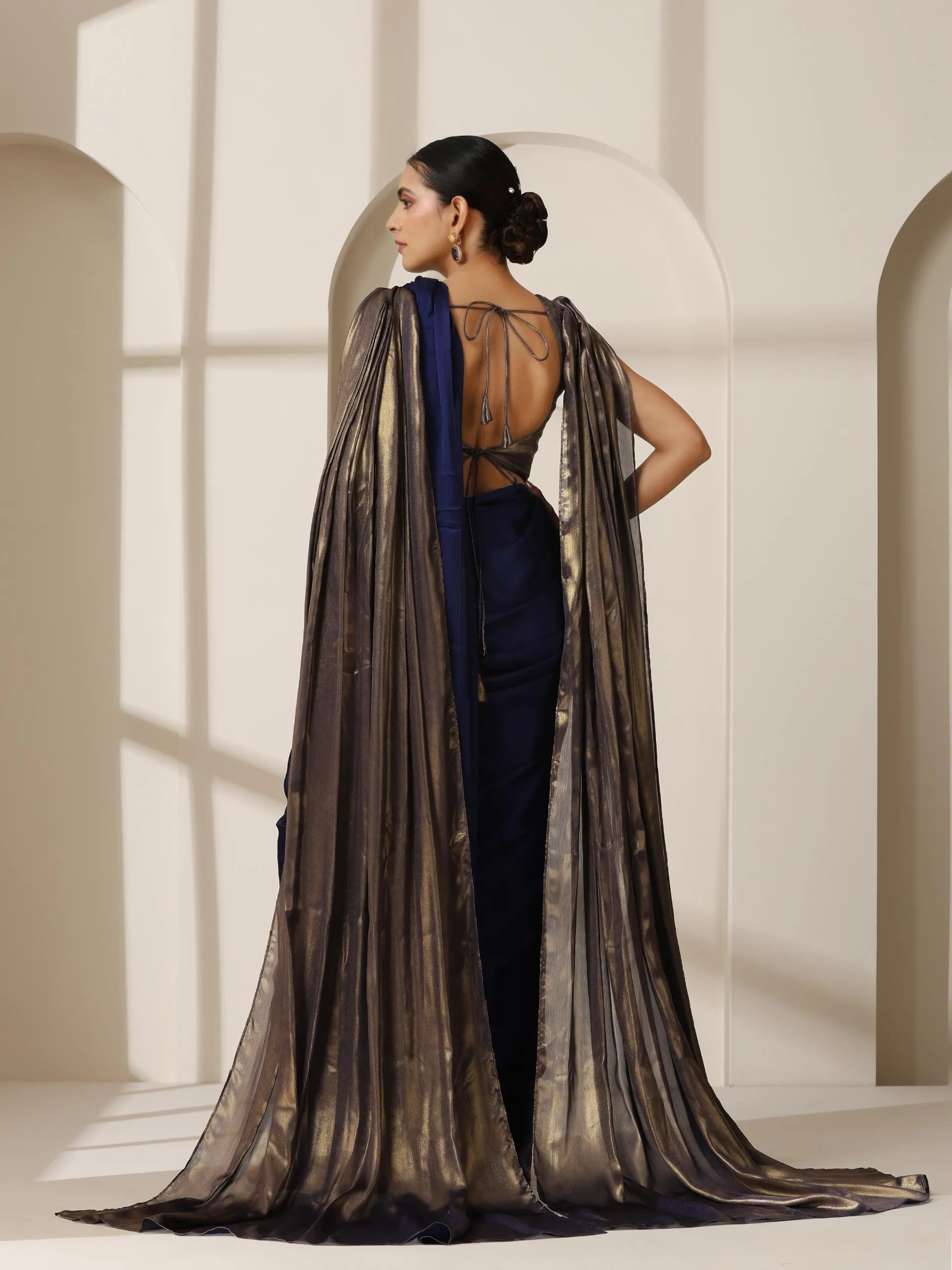 Royal Blue Chiffon Saree with Blue Gold Blouse Fabric