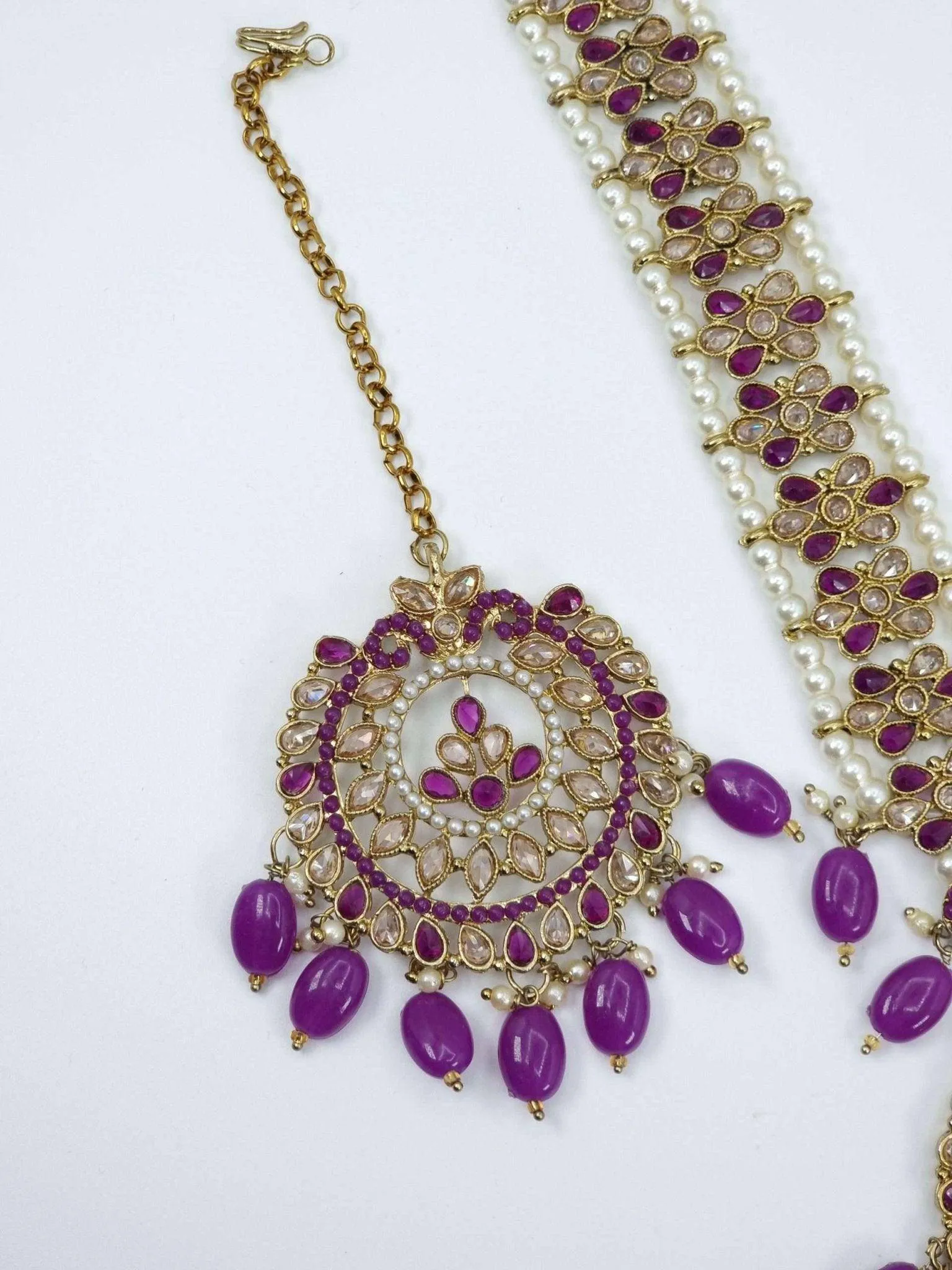 Sayema- Antique Gold Polki Stone Mala Necklace Set Purple