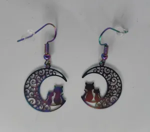 Small Chromatic Cat Crescent Moon Lightweight Earrings