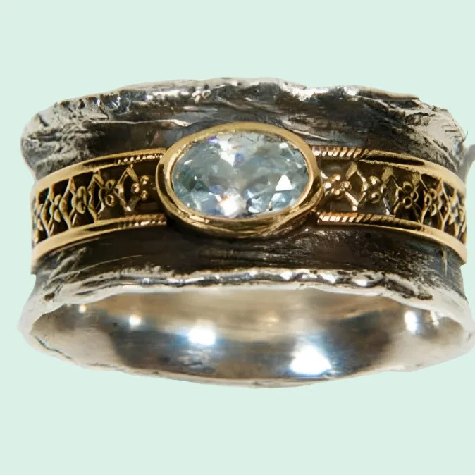 Statement sterling silver fashion ring, Spinner Ring silver and 9 ct gold set CZ / Garnet / Opal