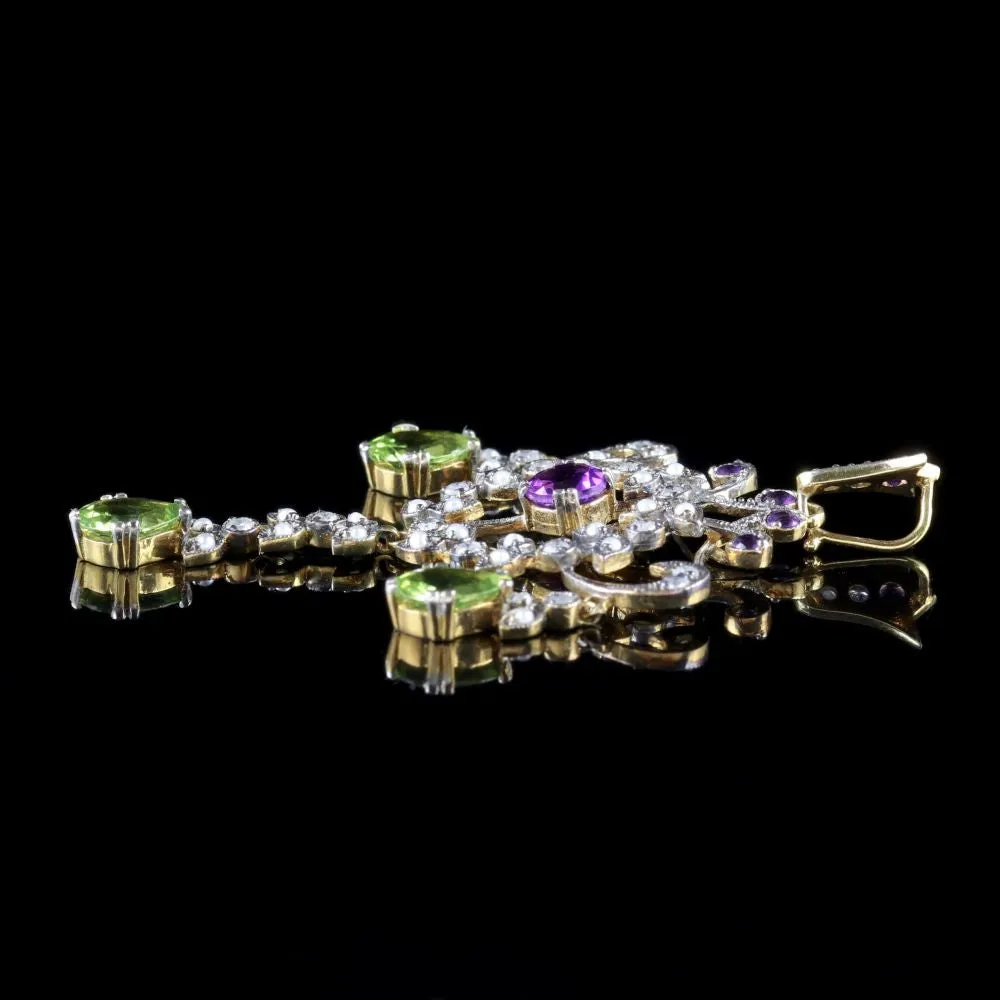 Suffragette Dropper Pendant 18Ct Gold Amethyst Peridot Diamond Pearl