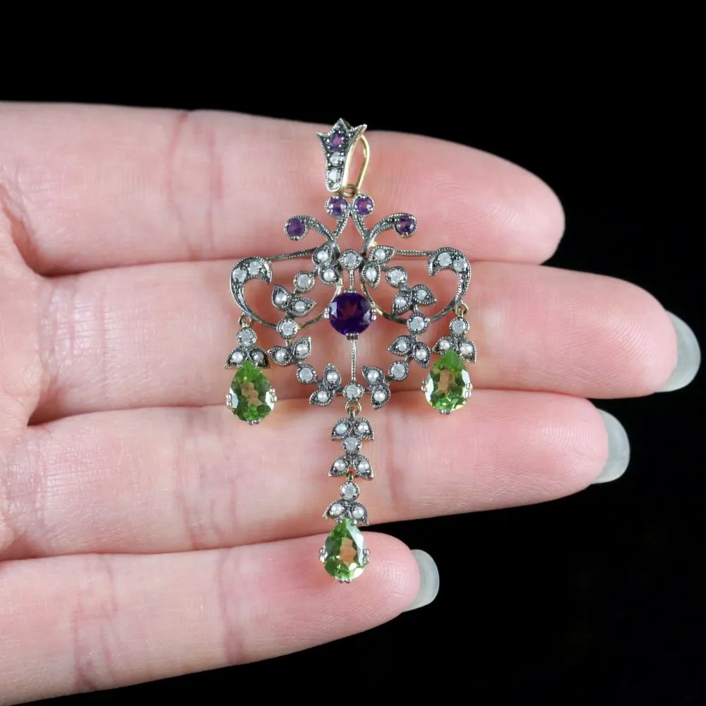 Suffragette Dropper Pendant 18Ct Gold Amethyst Peridot Diamond Pearl