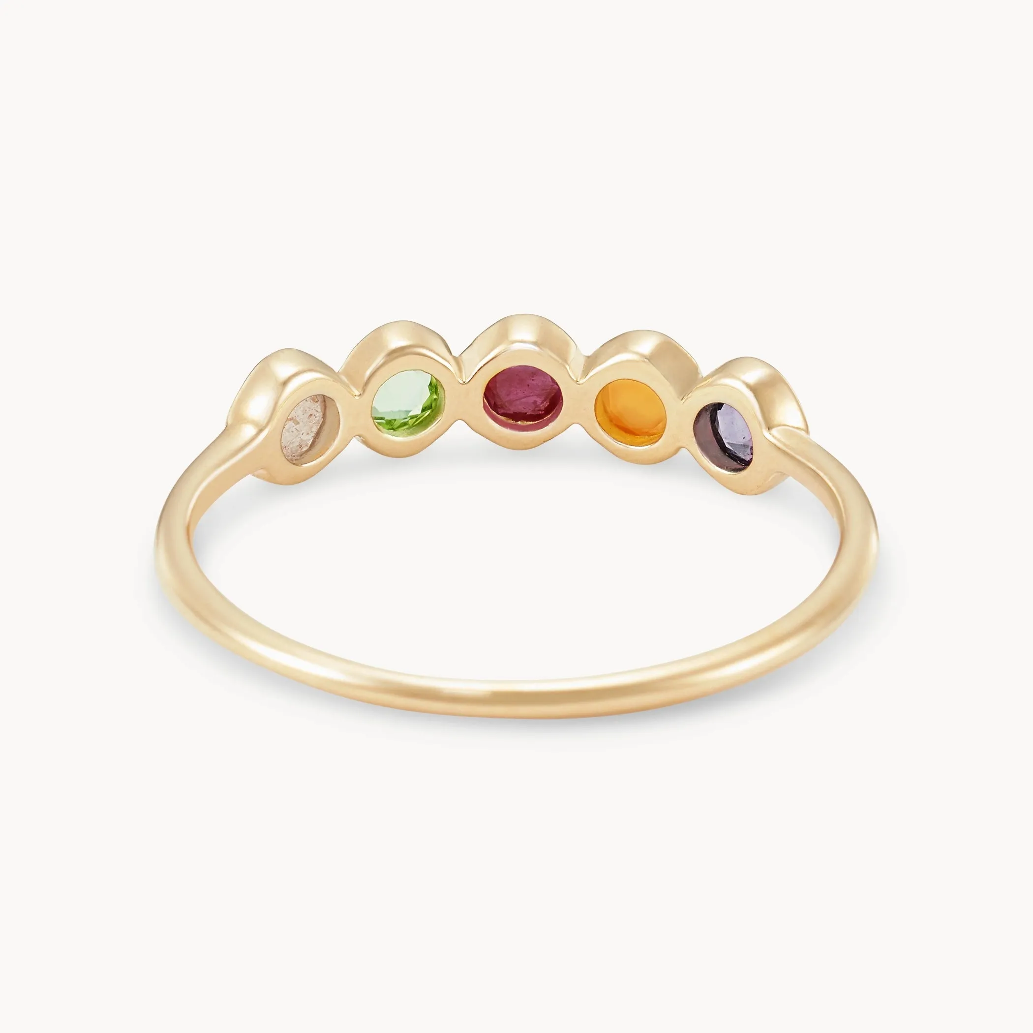 summer sunset five stone mood ring - 14k yellow gold, peach moonstone, peridot, ruby, carnelian, amethyst