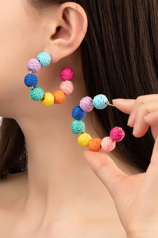 TEEK - Rainbow Raffia Straw Ball Hoop Earrings