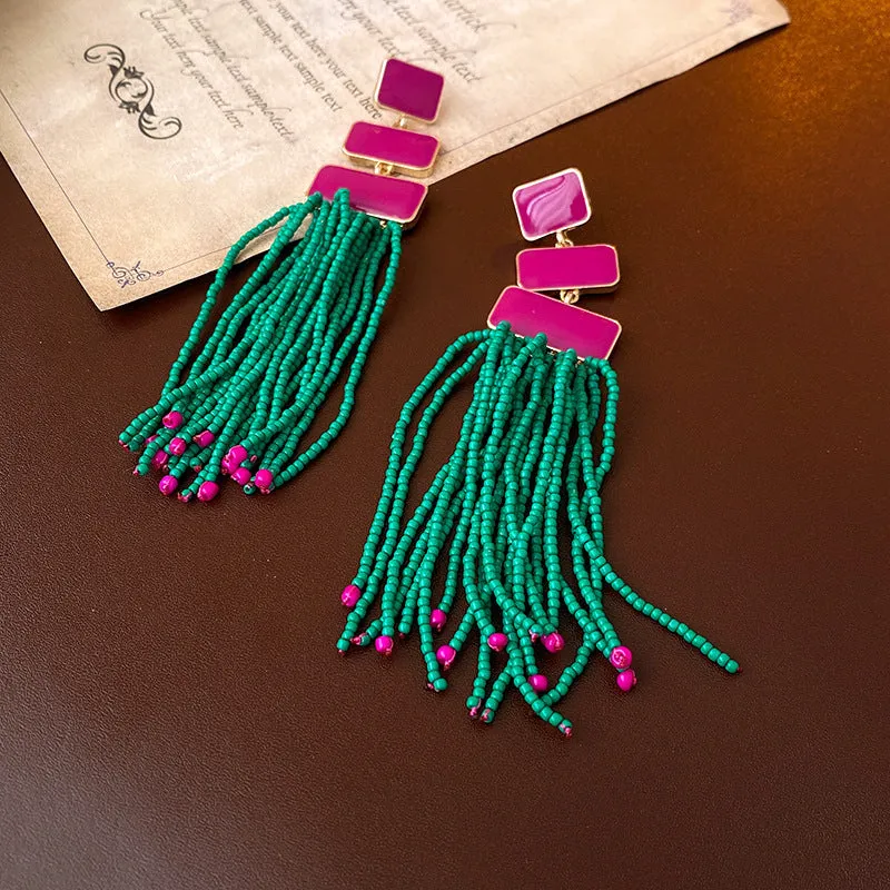 Trendy Pink & Green Beaded Fringe Earrings jlt11863