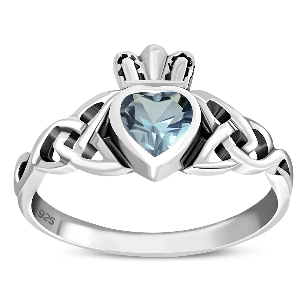 Trinity Knot Blue Topaz CZ Claddagh Silver Ring