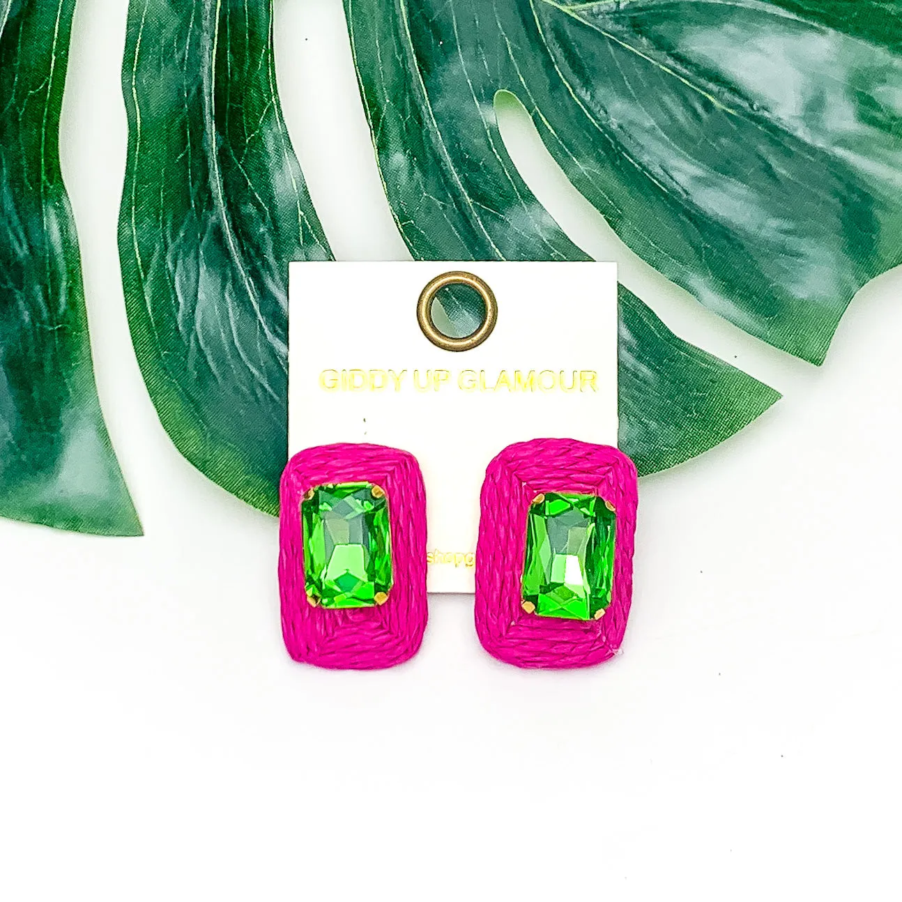 Truly Tropical Raffia Rectangle Earrings in Hot Pink With Green Crystal