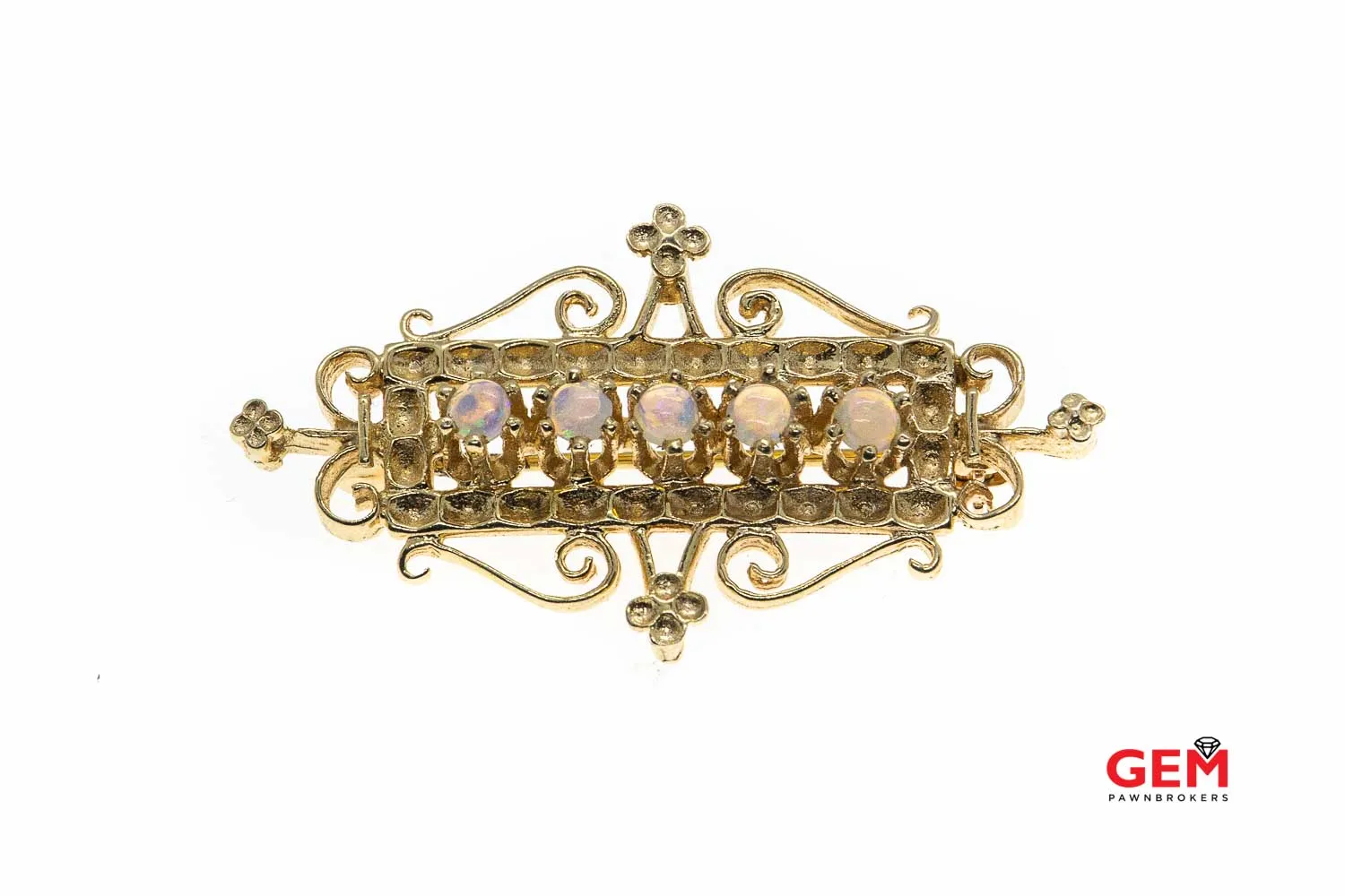 Victorian Natural Opal Gemstone Bar Filigree Scroll Swirl Brooch 14K 585 Yellow Gold Lapel Pin