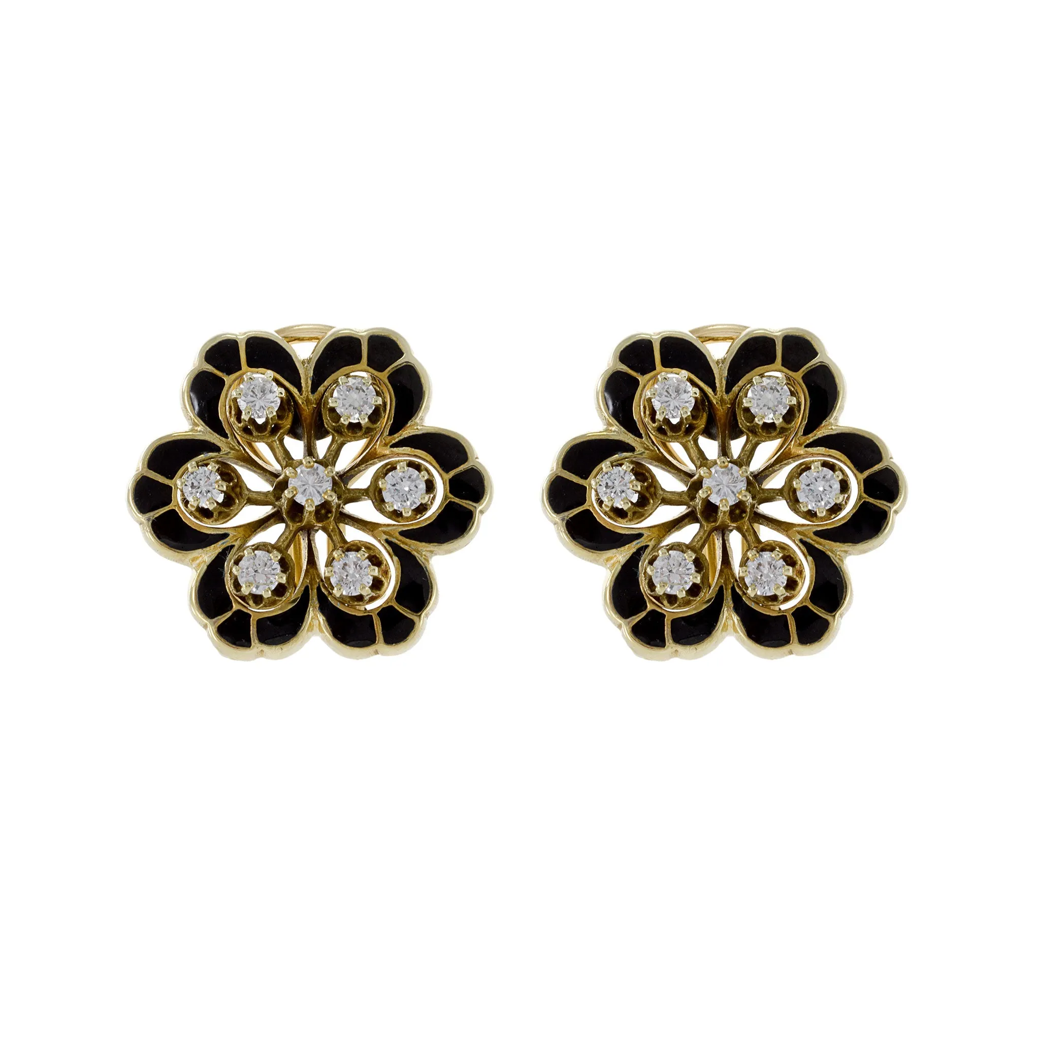 Vintage 1960s 14KT Yellow Gold Enamel and Diamond Flower Earrings